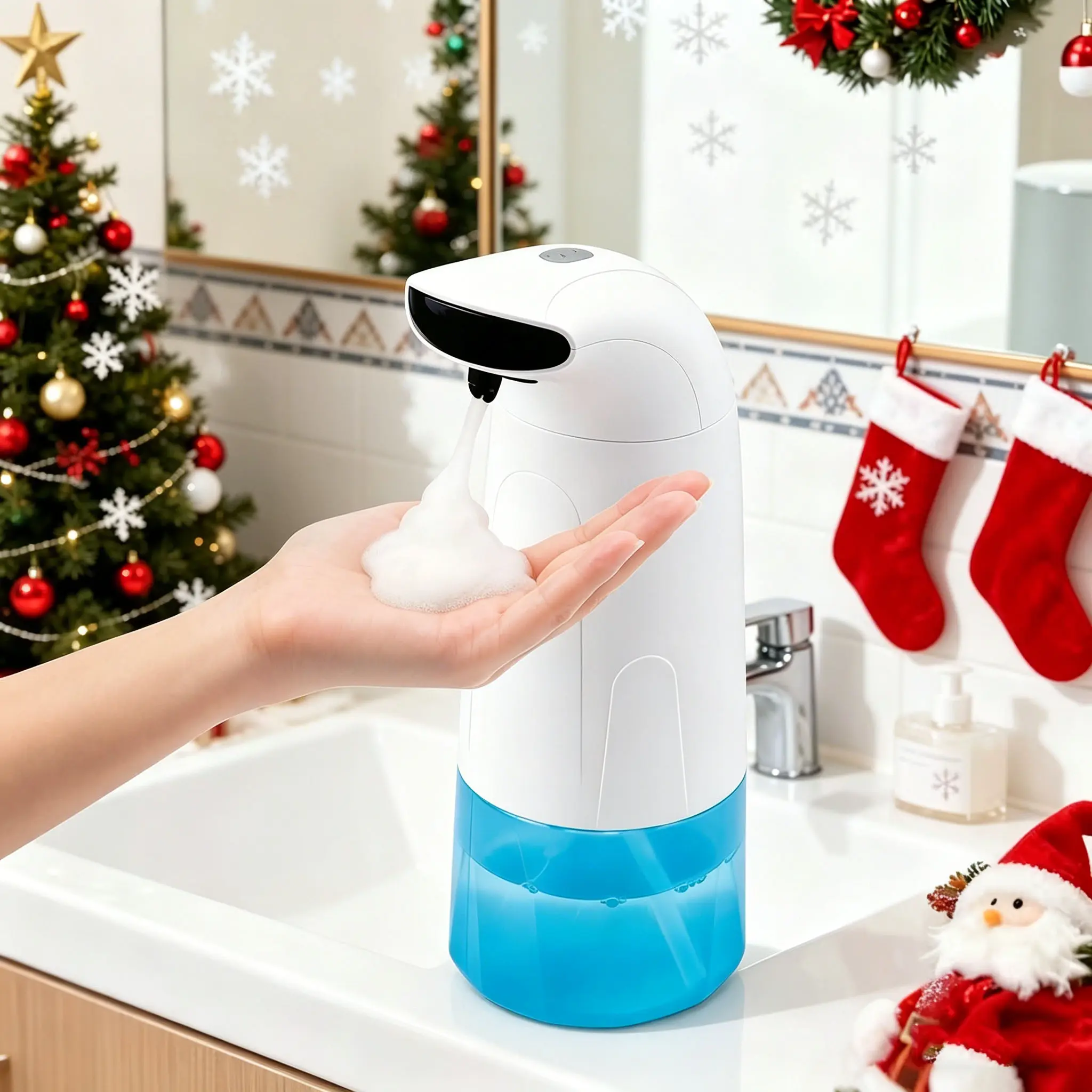 Automatic Touchless Foam Soap Dispenser with Foam Output, 10oz Infrared Sensor Model, Volume Control, Battery-Operated, ABS, Saves 75%-80% Soap for Kitchen Sink, Bathroom (White & Blue)