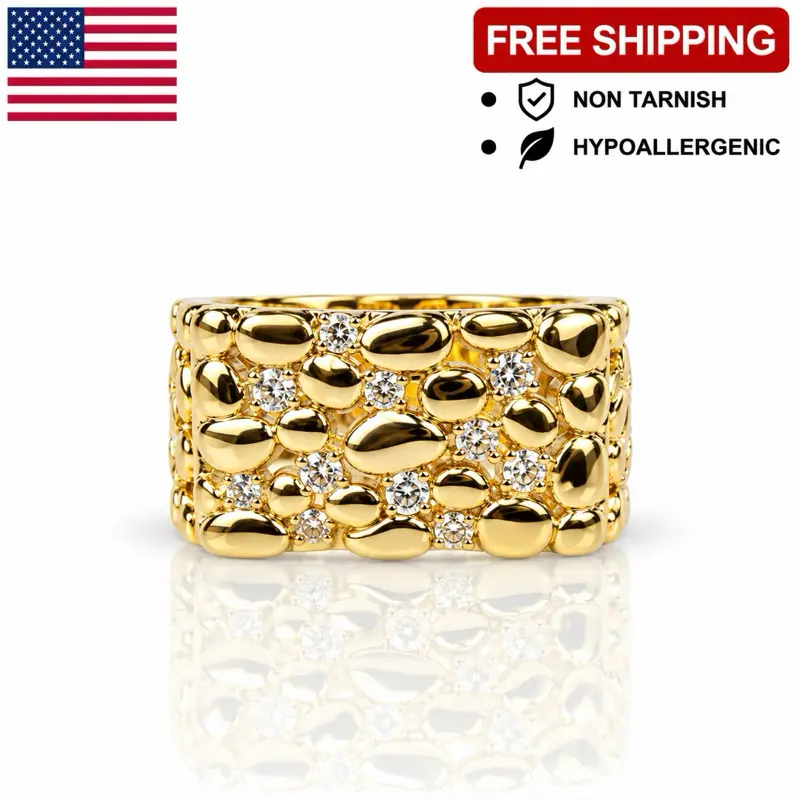LARGE RECTANGULAR DIAMOND NUGGET RING 18K GOLD PLATED NON TARNISH HYPOALLERGENIC RING FOR MEN AND WOMEN