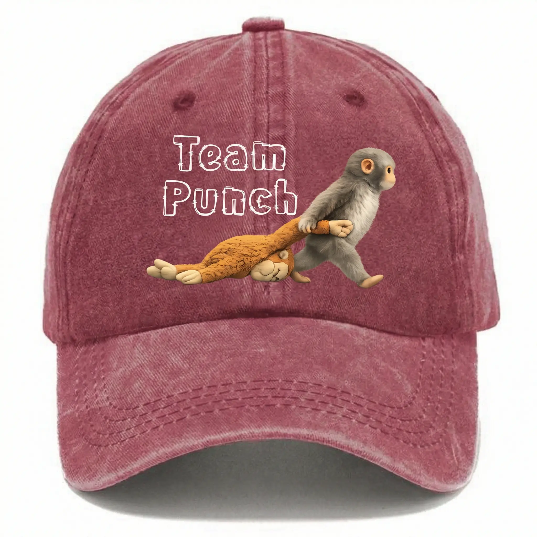 Team Punch Viral Monkey Washed Hat, Cute Humor Animal Cap, Unisex Casual Hat
