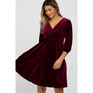 Burgundy Velvet Wrap Front Babydoll Dress