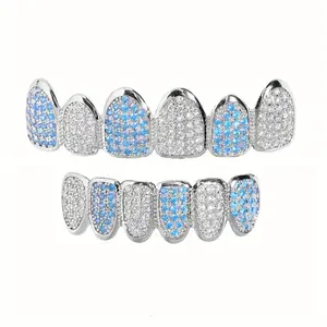 Hip Hop 2-Piece Multi-Pack Iced Out Bling Oral Grillz, Full Synthetic Zirconia Blue Teeth Caps with Micro Pave, Top & Bottom Costume Body Jewelry for Party