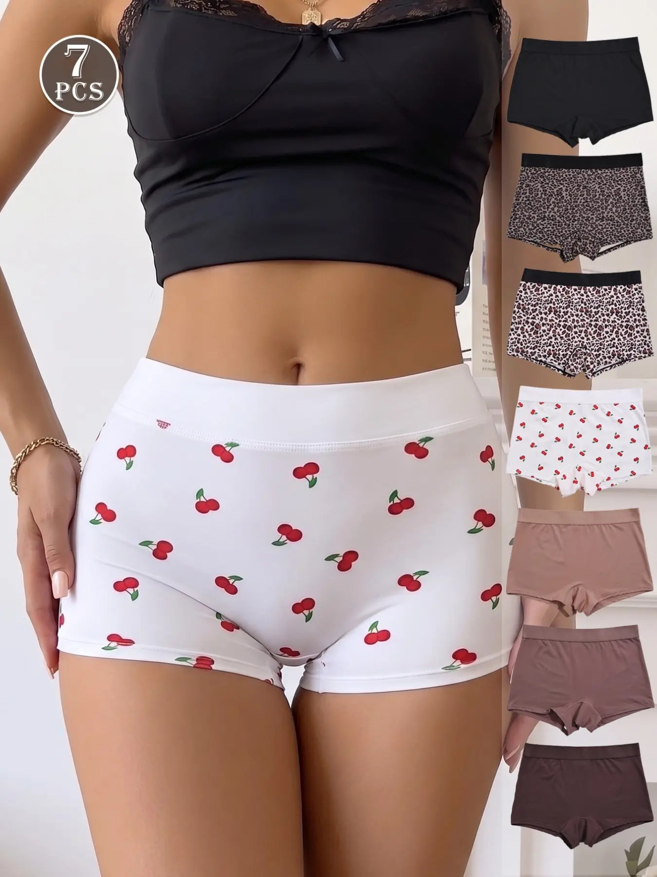 Women's 7-Piece Set, Leopard Print and Solid Color Combination, Comfortable Low-Rise Print Panties, Stylish and Practical Everyday Wear