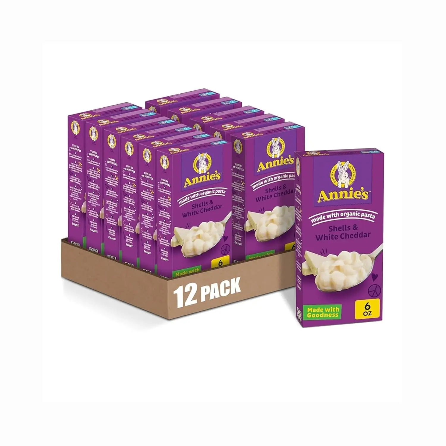 Annie's White Cheddar Shells Macaroni and Cheese with Organic Pasta, 6 oz (Pack of 12) | Made with Organic Pasta, Real White Cheddar Cheese, No Artificial Flavors, Ready in About 10 Minutes