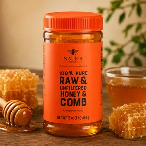 100% Pure Raw & Unfiltered Honey with Honeycomb, Natural Honey Jar, No Additives Premium Sweetener, Rich Flavor & Texture, 16oz