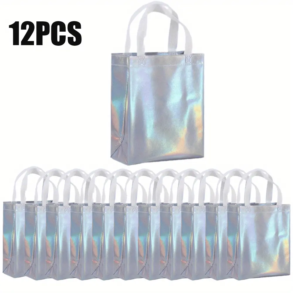 12pcs Iridescent Non-Woven Rectangular Gift Bags with Handles Reusable Glossy Finish Tote Bags for Party Favors Weddings Birthdays Lightweight Halloween Goodie Bags 8x4x10 Inches
