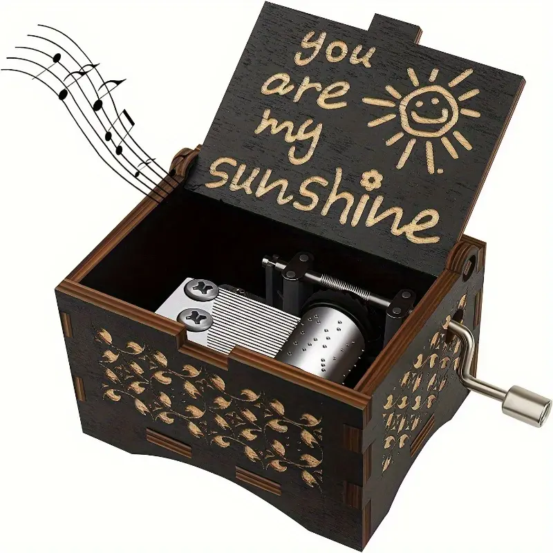Hand-Cranked Wooden Music Box, Vintage Design, Decor, Engraved