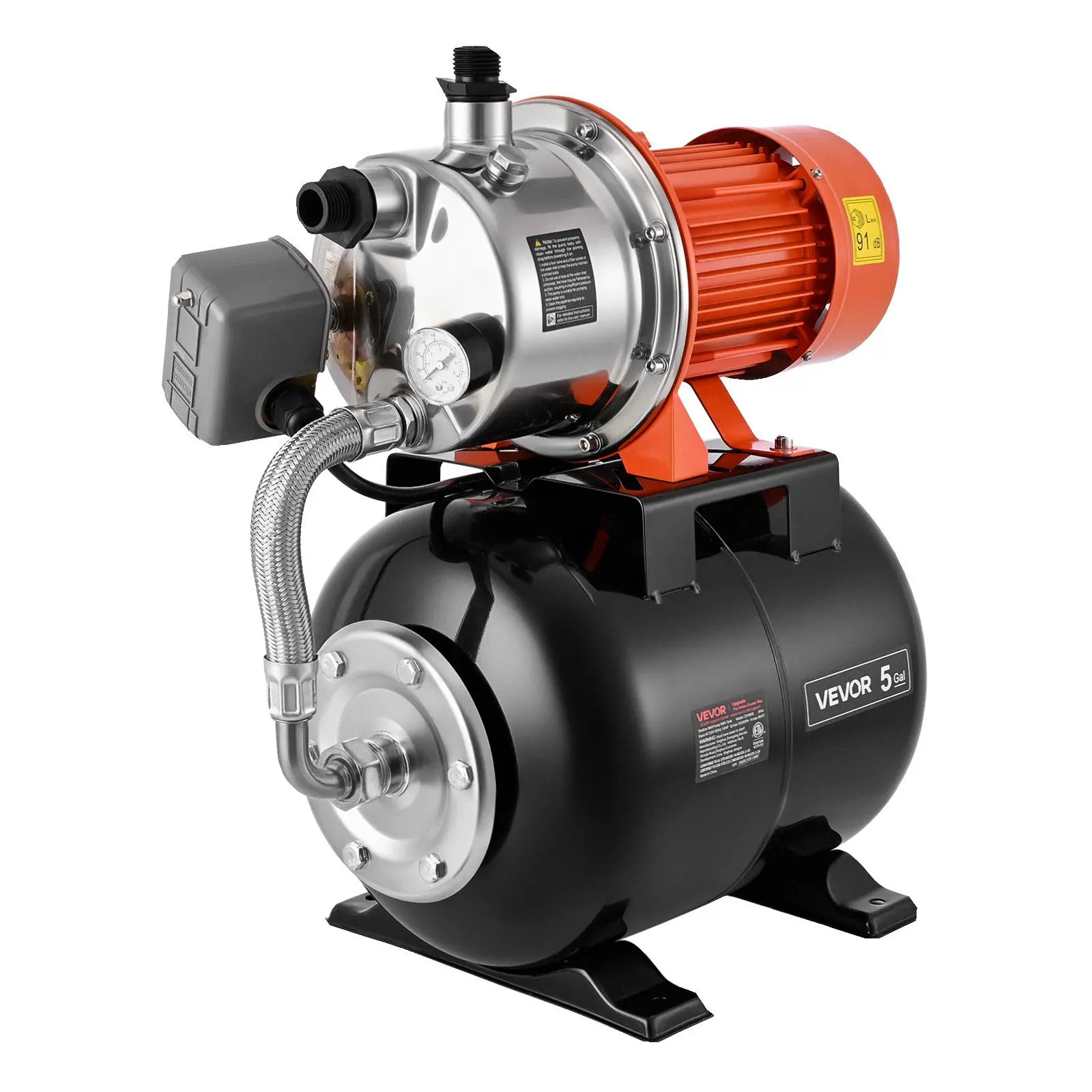 【fathersdaygift】VEVOR 1.6 HP Shallow Well Pump with Pressure Tank,120V 1320 GPHStainless Steel Irrigation Jet Pump with 5-Gal TankAutomatic Water Booster System20/40 PSI Pressure Switchfor Home Garden Lawn, 304 Stainless Steel, 5000 Lph, Corrosion Resista