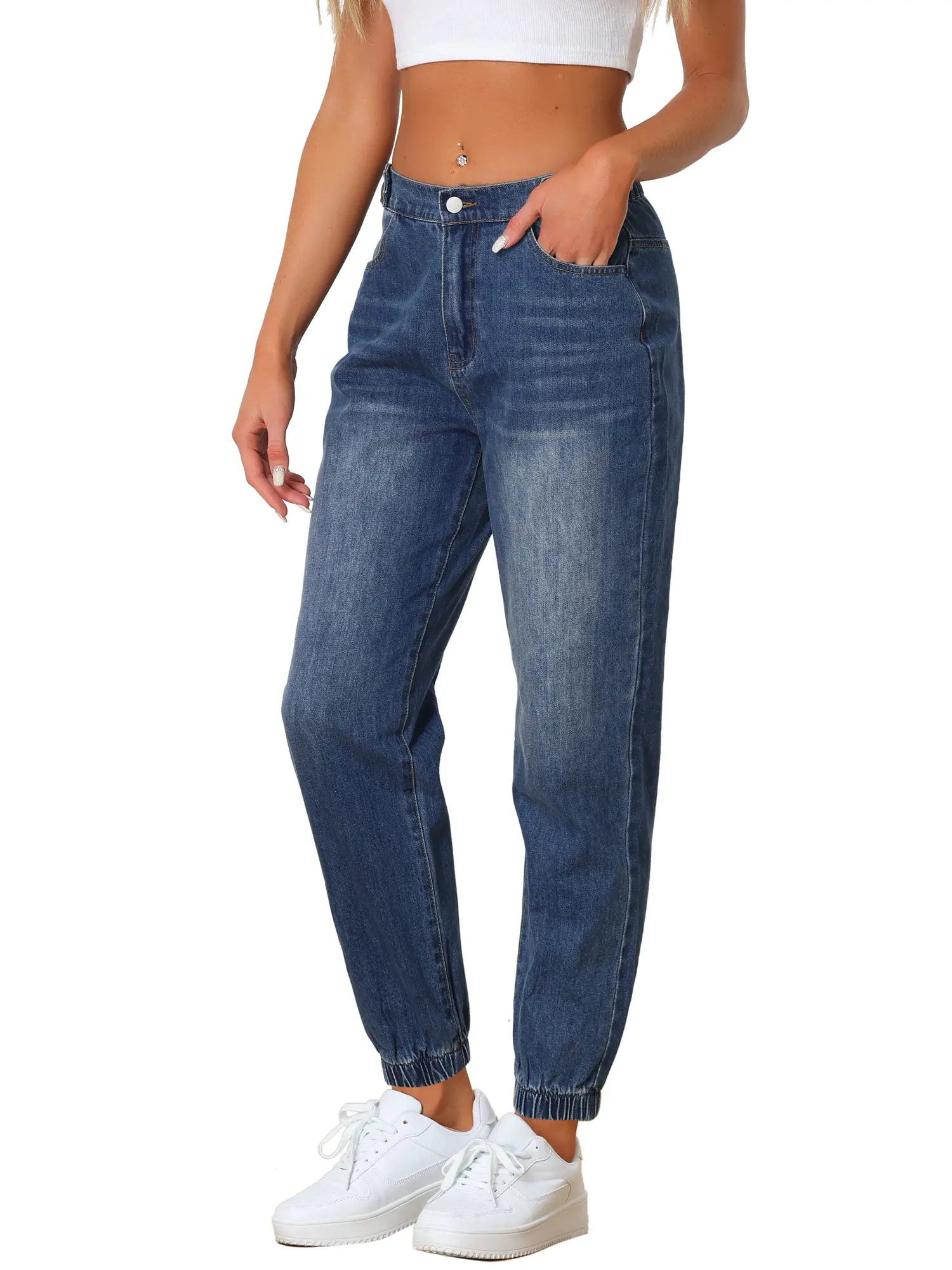 INSPIRE CHIC Jean Joggers Casual High Waisted Elastic Waist Denim Pants Blue