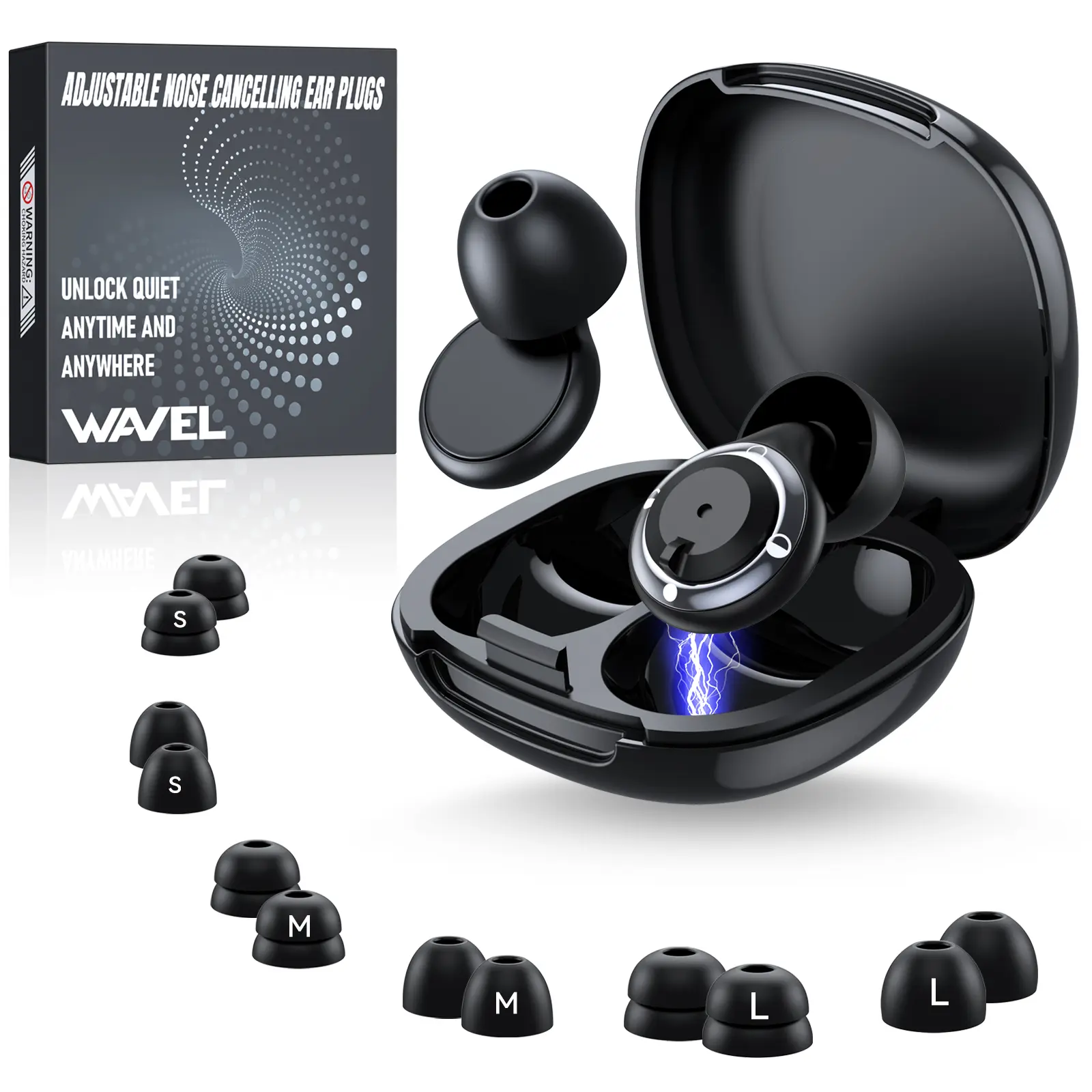 WAVEL Adjustable Ear Plugs for Sleeping Noise Cancelling - 3 Modes Noise Reduction EarPlugs (17-35dB) for Snoring, Travel & Concerts | 7 Pairs Silicone Tips (XS/S/M/L) | Magnetic Carry Case | Black