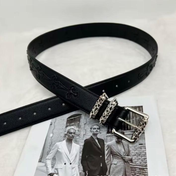 Vintage Black Leather Flower Cross Belt Gothic Y2K Belt Silver Buckle Unisex Women's Soft