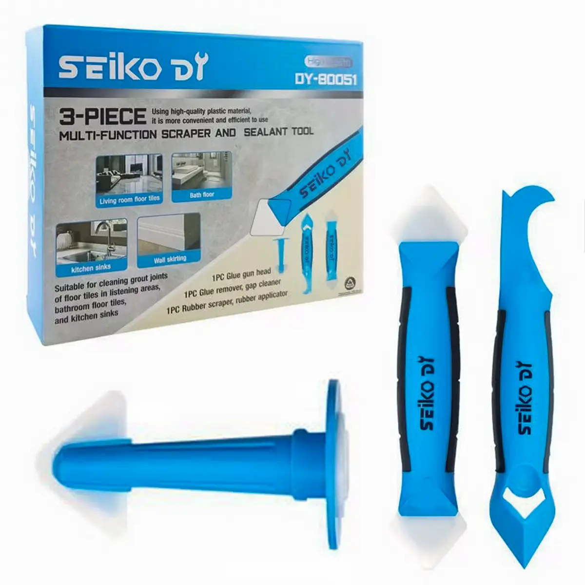 3-Piece Silicone Caulking Tool Set with 3-in-1 functionality, including a caulking spatula and caulk remover, suitable for bathroom and kitchen maintenance, sealing joints and frames, home repairs, and DIY projects