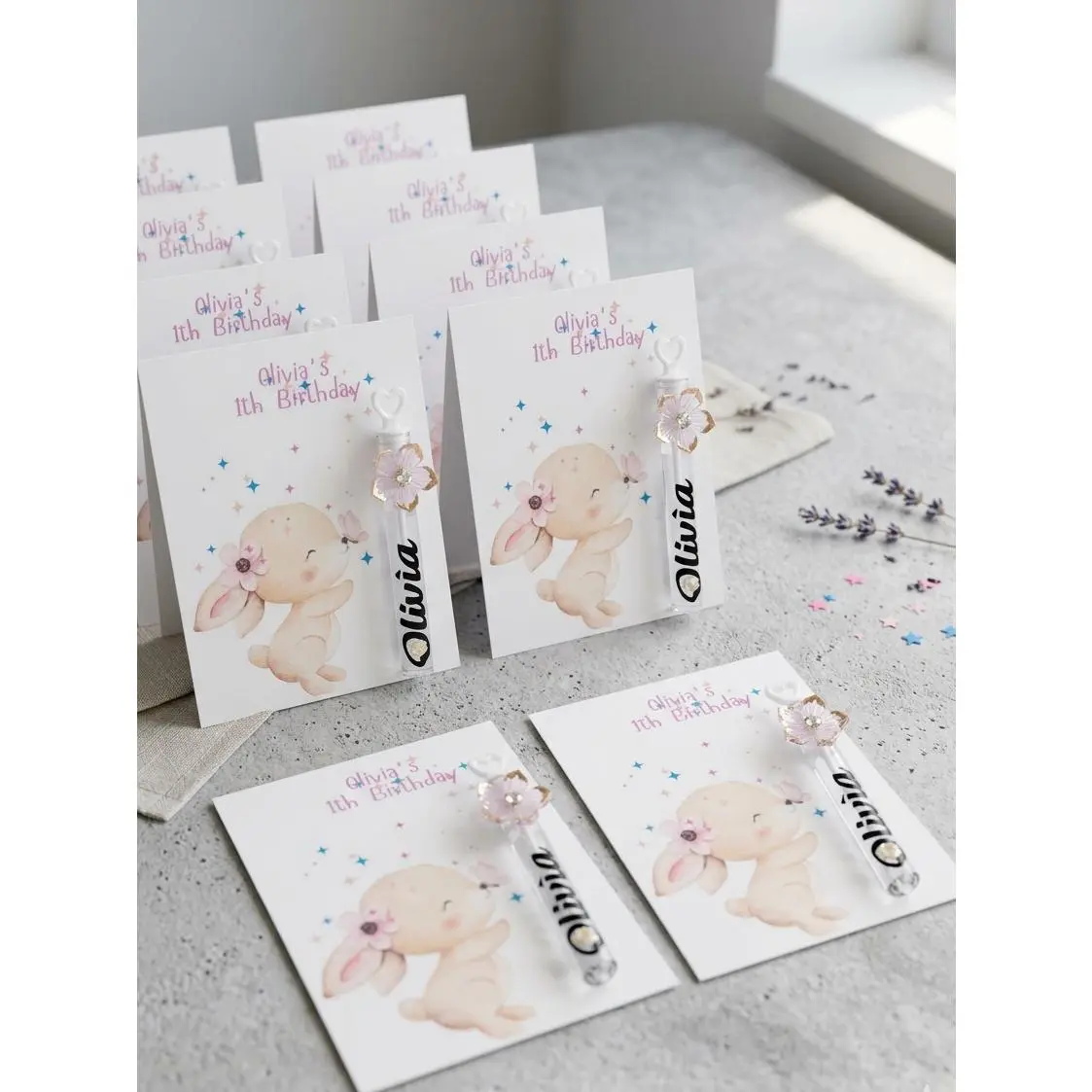 Personalized Bunny Birthday Party Favors | Custom Bubble Wand & Cards for Baby Shower & 1st Birthday