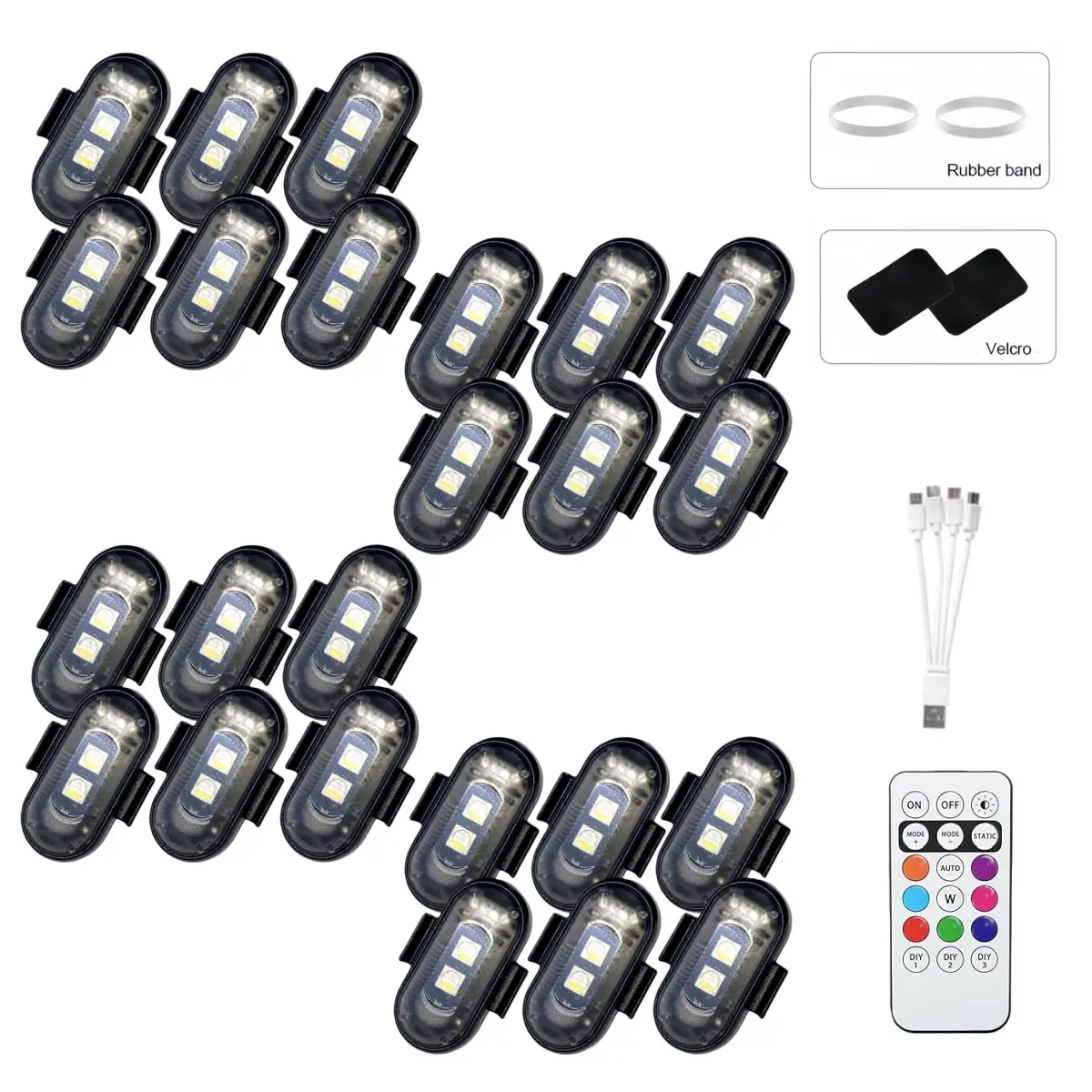 RGB LED Fairy Lights - 6/12/18/24-Pack Portable Rechargeable USB Port Bright Color Changing, Car Detailing Interior Accents, Even Ambient Light Grills Exterior Fixtures, Automotive Motorcycle Accessories, Gift Idea