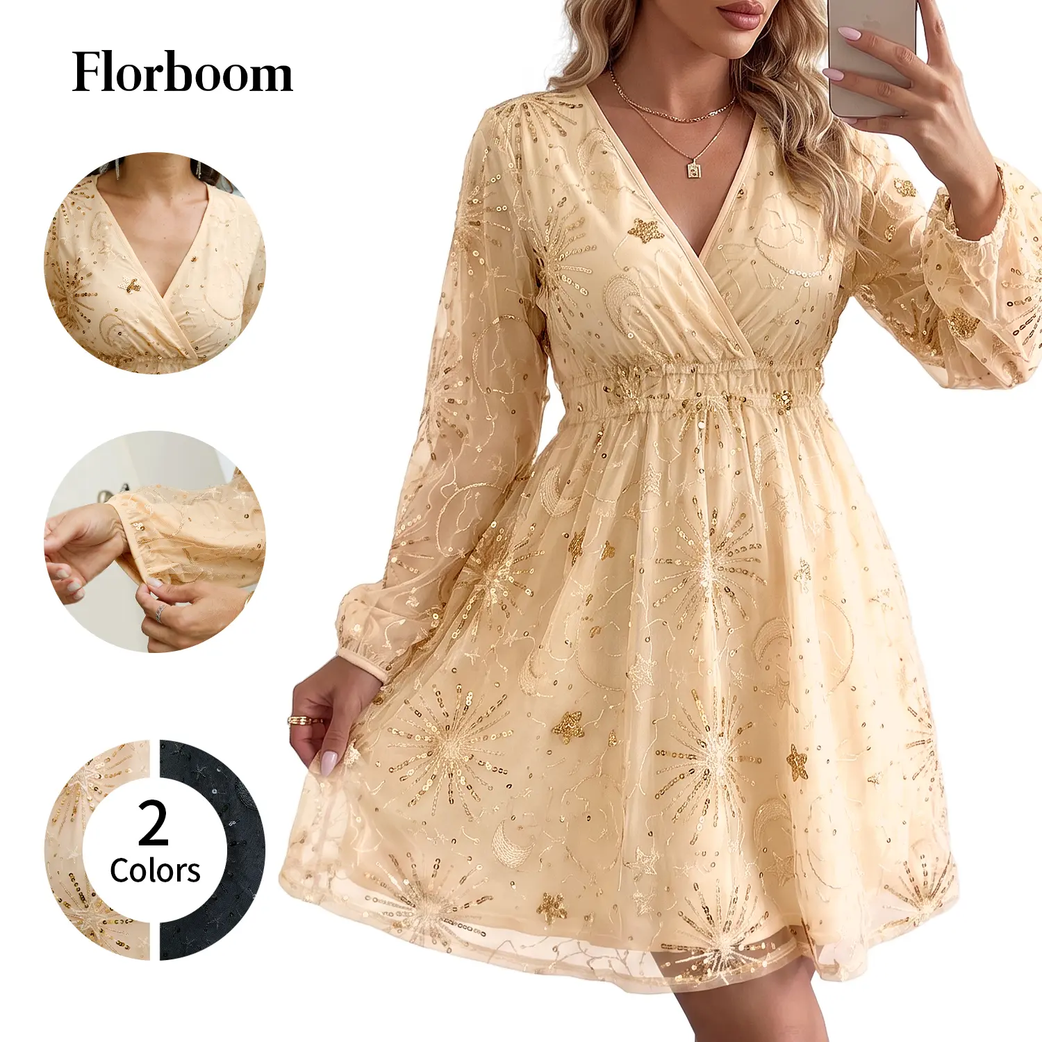 Florboom Women's V-Neck Sequin Embroidered Boho Dress, Sparkly Star Moon Beaded Mesh Party Dress for Wedding Guests, Holidays, Clubs