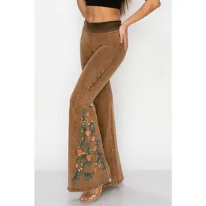 T-Party Flowers Embroidered Flare Yoga Pants - Camel