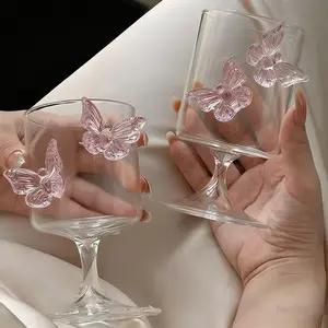 2 Pack Glass Cups, Pink Butterfly Wine Glasses, Champagne Glasses, Butterfly-Shaped Wine Cocktail Glasses, 3D Pink Butterfly Decoration, Suitable for Cocktails, Champagne, and Juice, Elegant Decorative Cups, Suitable for Mother's Day Gifts, Weddings