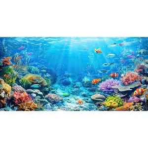 Underwater World Aquarium Background Seaworld Ocean Floor Tropical Fish Coral Reef Aquatic Nature Plant Fish Tank Backdrop Decor Polyester Fabric with 6 EVA Double-Sided Tapes 48x24 inches/120x60cm