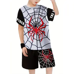 Short-Sleeved Shorts Set 3D Print Spider Pattern T-Shirt Boy Cool Spider And Spider Web Graphics Clothing T-Shirt Set, for Outdoor