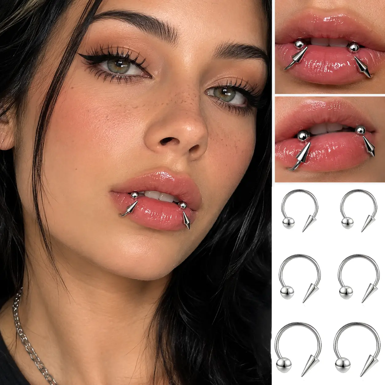 Lip Piercing Jewelry Lip Rings, 6PCS 8/10/12MM Horseshoe Long Short Spike/Ball Labret Rings, 316L Surgical Steel Septum Helix Conch Piercing Jewelry