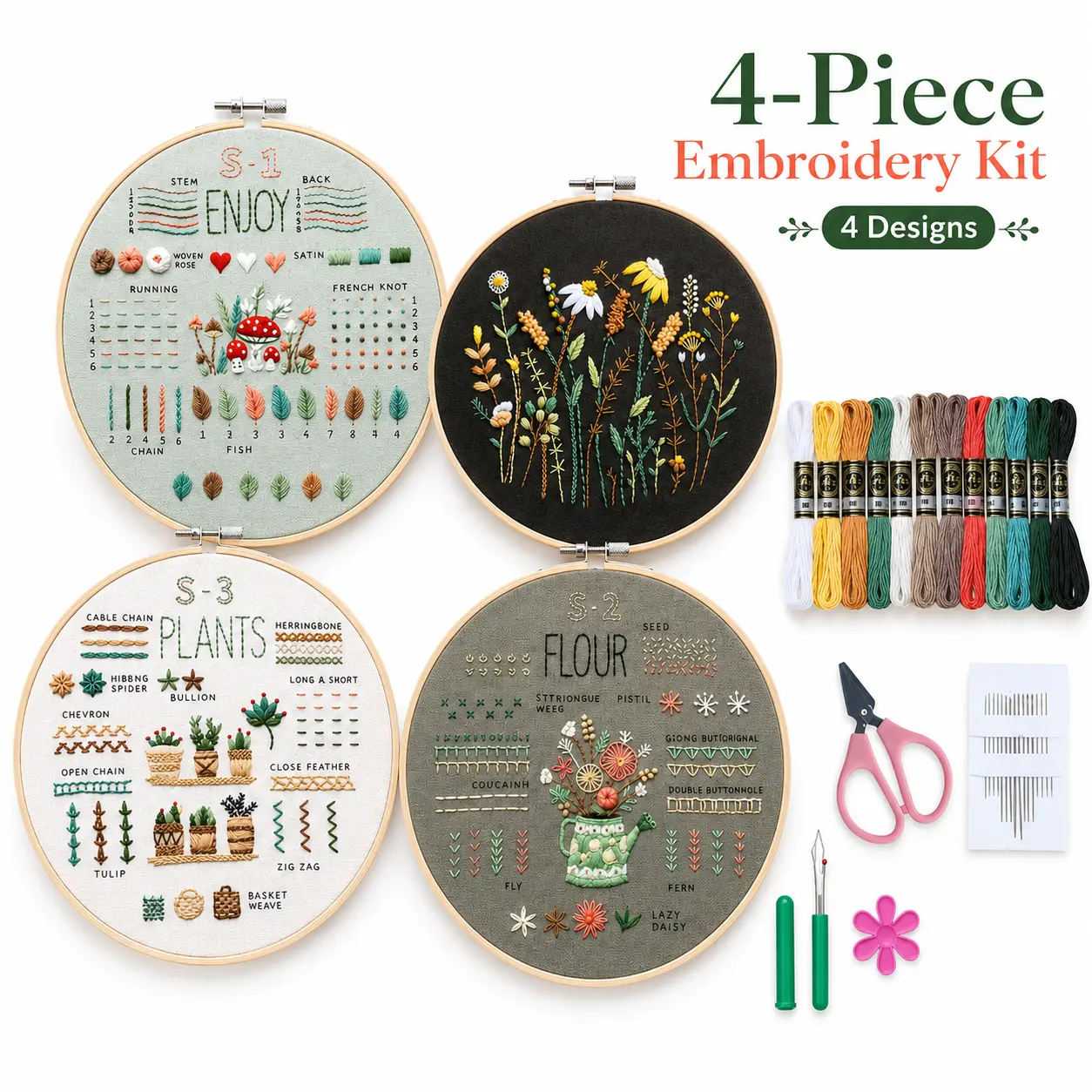 4 Pack Embroidery Kit for Beginners, Floral Cross Stitch Starter Set with Hoops, Mixed Color Threads, Needles and Tools, DIY Needlepoint Arts and Crafts Gift for Adults