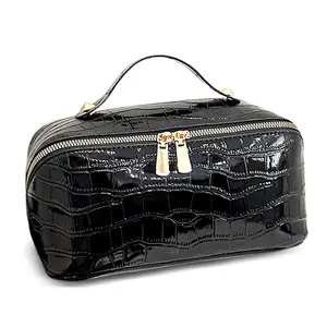 Large Capacity Embossed Design Makeup Bag - Portable PU Leather Cosmetic Case with Gold Zipper, Travel Toiletries Bag Organizer for Women, Skincare Brushes & Beauty Essentials | Handbag for Daily & Trip Use