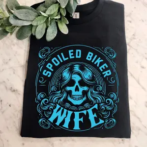biker wife shirt skull motorcycle riding wifey rider popular trendy cute black and blue harley ridin short sleeve tshirt