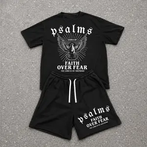 Men’s Summer 2 Piece Set, Faith Overcomes Fear Hiphop Street Style Letter Print Short Sleeve T Shirt and Drawstring Shorts Matching Outfit, Lightweight Breathable Casual Set for Travel, Streetwear, Beach, Vacation, and Daily Wear