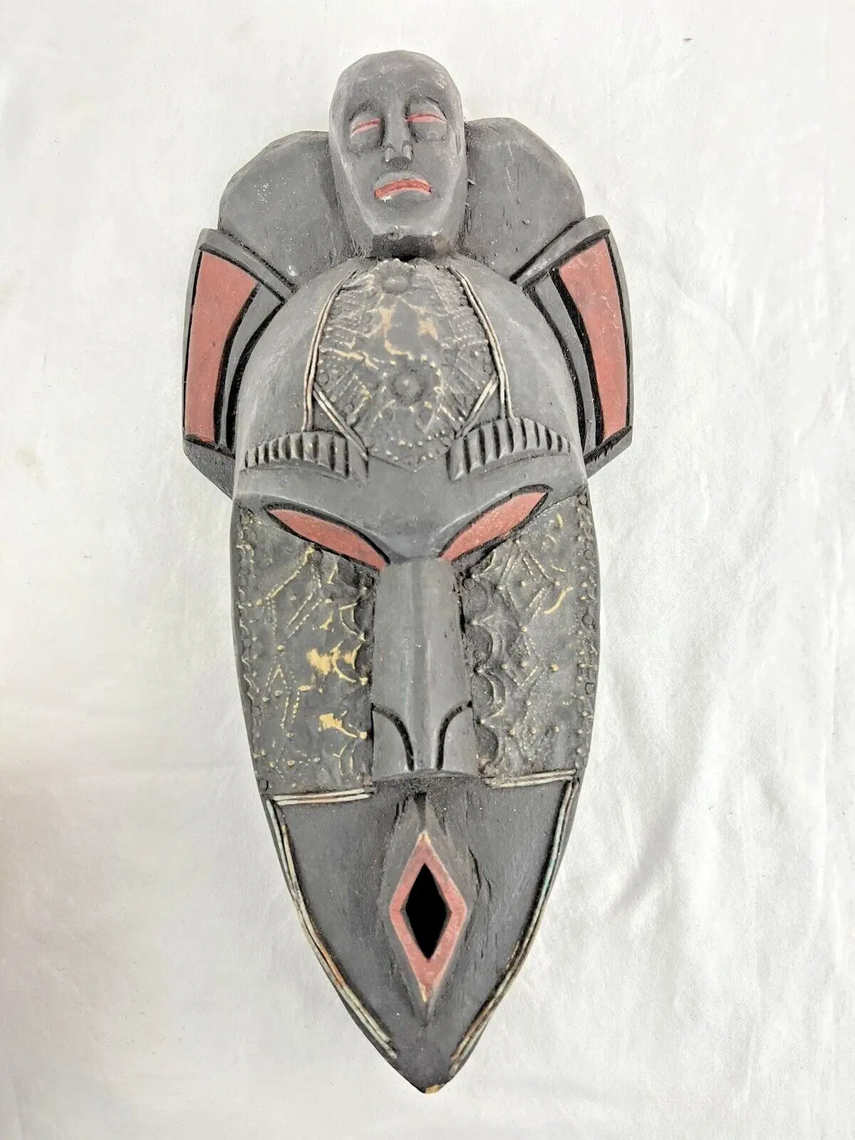 Vintage African Hand Carved Wood Tribal Face Mask Wall Art from Ghana