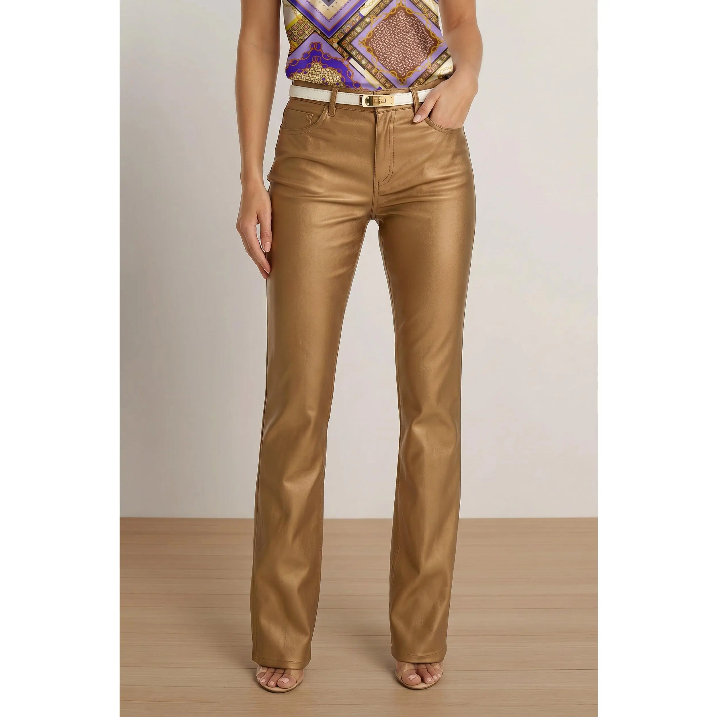 Aria Coated Flare Jean - Gold Metallic