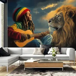 1PC,2D Flat Reggae Musician & Lion Themed Backdrop, Festival Event Decoration & Photography Background Cloth, Art - style Party Scene Setting Curtain, Personalized Room Decoration Tapestry, Atmosp
