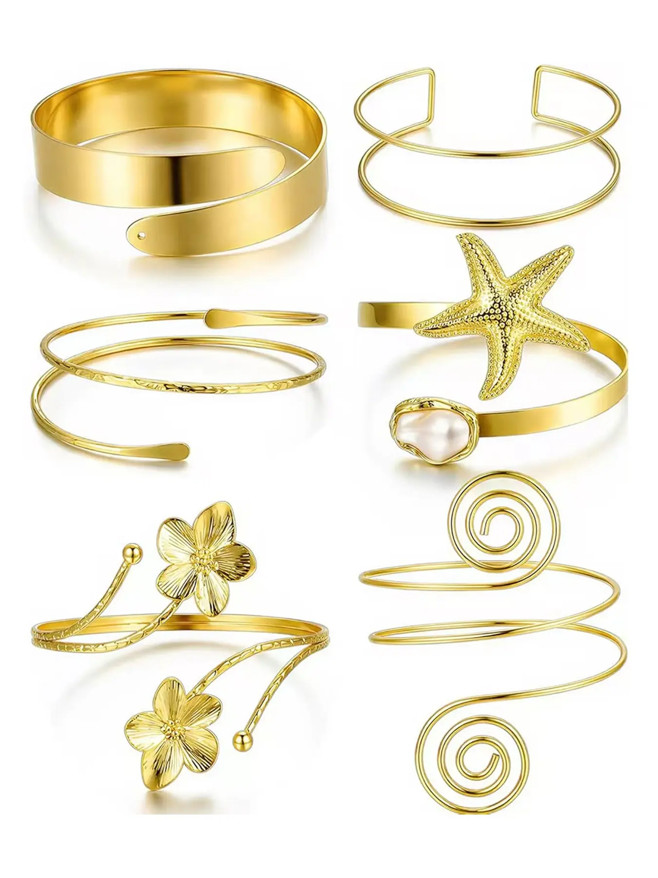 6PCS Gold Arm Cuff Bracelets for Women, Boho Statement Gold Upper Arm Bangle Band Armlet, Open Adjustable Cuff Bracelet set Stackable Jewelry, High Quality Bracelet, Boho Style Bracelet, Bohemian Bracelets, Cuff Bangles Bracelets