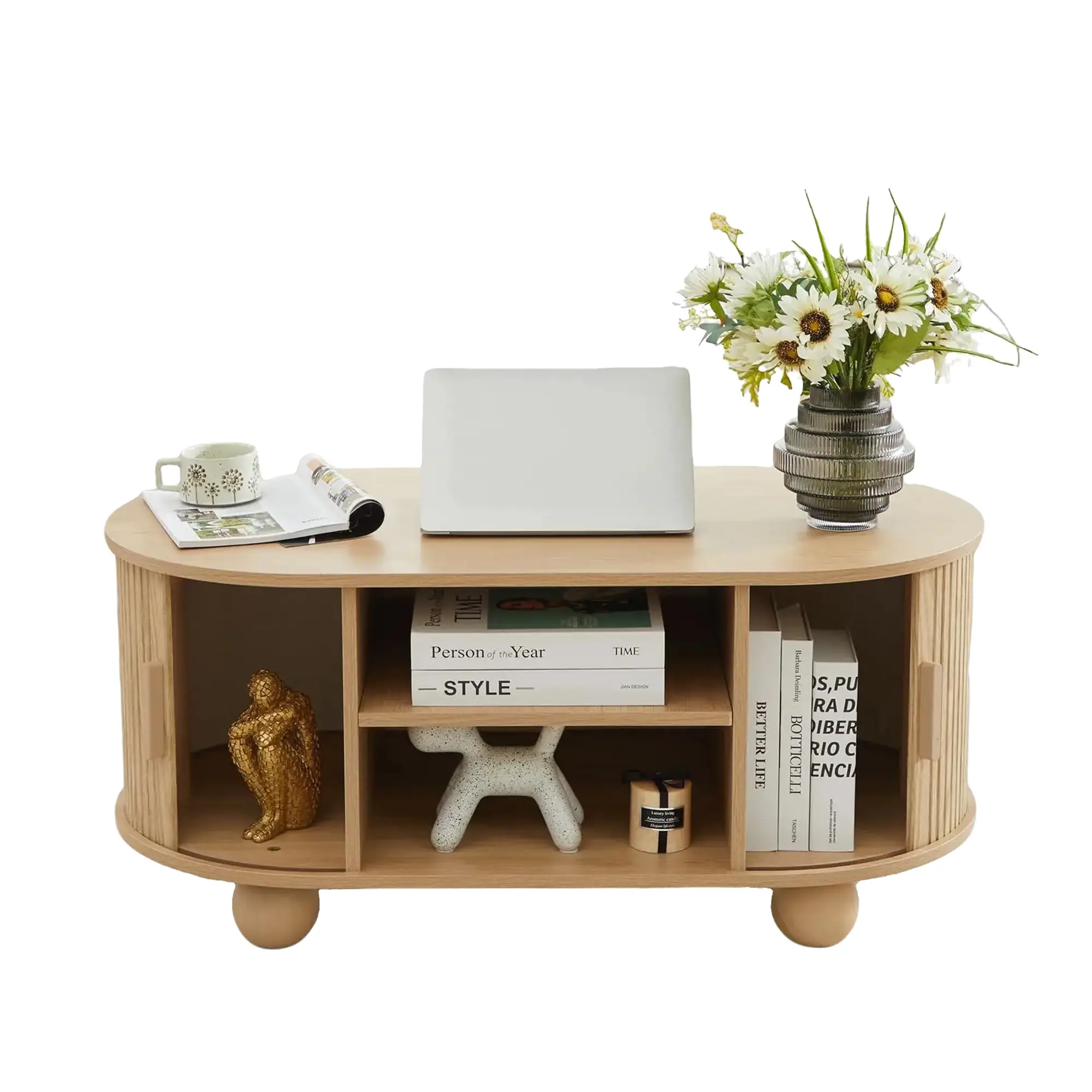 Giratree Oval Coffee Table, Mid-Century Modern Coffee Table with Storage & Sliding Doors, Fluted Coffee Table Center Table for Living Room, Dining Roo