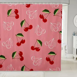 Cherry Bath Curtain,Red White Cherry Bathroom Shower Curtain Set,Fresh Fruit Theme Shower Curtain,Sweet Cherry Waterproof Bathroom Curtains