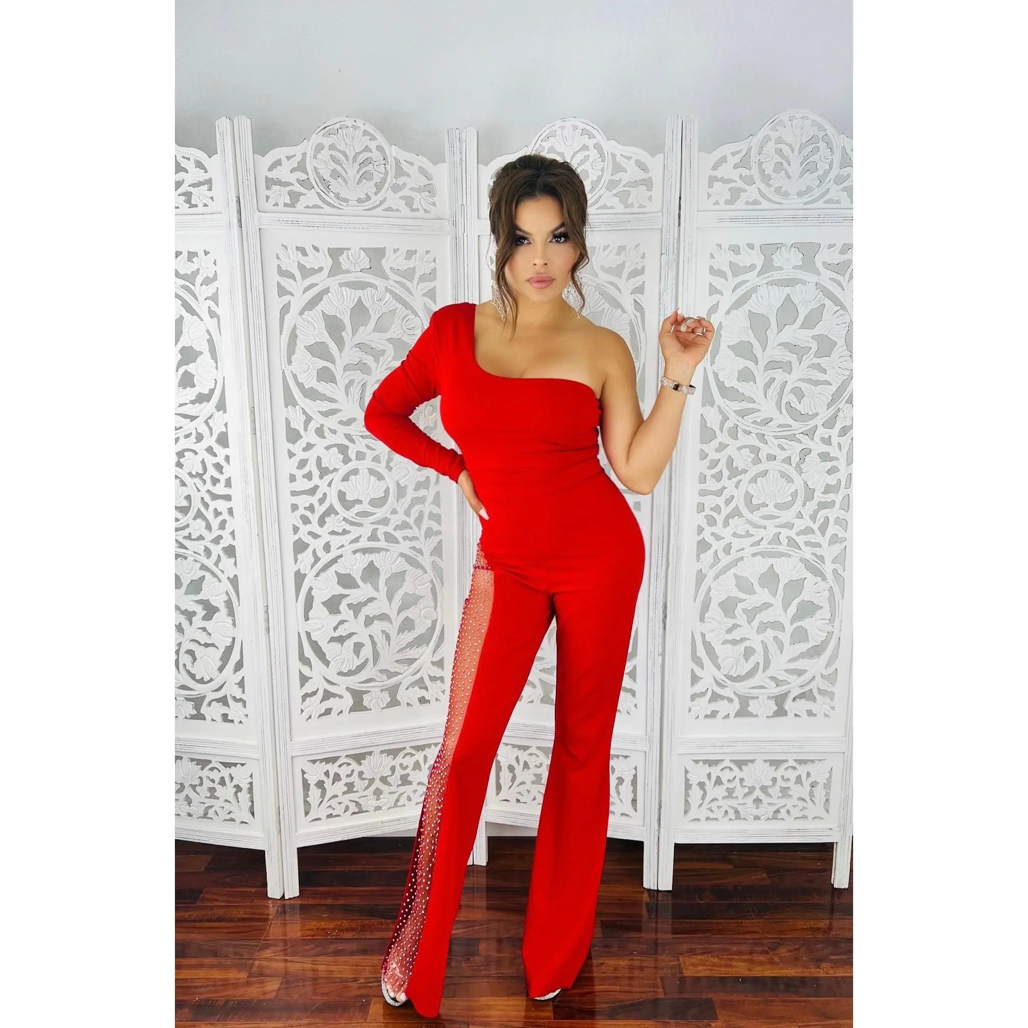 CONFIDENT One-Shoulder Rhinestone Slit Jumpsuit