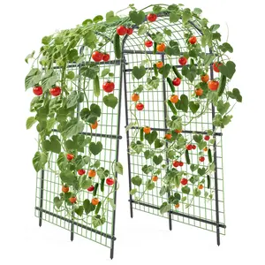 7.5FT Metal Garden Arch Trellis with Netting,7 Horizontal Pipe Adjustable 35"–45" Arbor for Climbing Plants, Roses, Grapes & Vegetables, Weatherproof Steel Pergola with Ground Clips, Easy Fold-Out Assembly