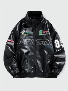 Men's Fall Pocket Stand Collar Jacket, Street Style Pu Leather Jacket Coat, Casual Trendy Coat, Letter Patched Jacket, Casual Pocket Outerwear, Men Designer Clothes, Boys Clothing Vintage, Mens Clothing, Streetwear