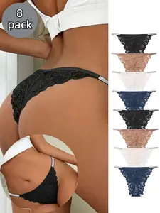 Pure Color Sexy Floral Cutout Lace Briefs, Thin Strap Low Waist Bikini Triangle Panties, Soft Comfortable, 8 Pcs Set, All Seasons