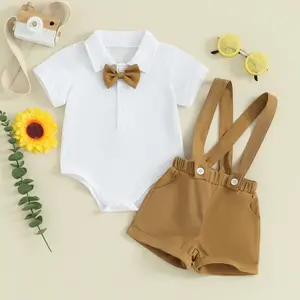 Afunbaby Toddler Infant Baby Boy Summer Gentleman Outfits Set Short Sleeve Lapel Button Romper + Suspender Shorts 2Pcs Clothes Set