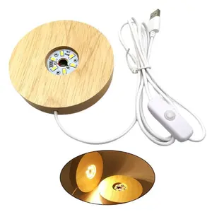 Round Wooden Base LED Lamp Stand with USB Port and Switch - 4"