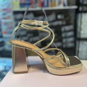 Top Moda Gold Strappy Platform Heels with Square Toe and Chunky Heel for Women