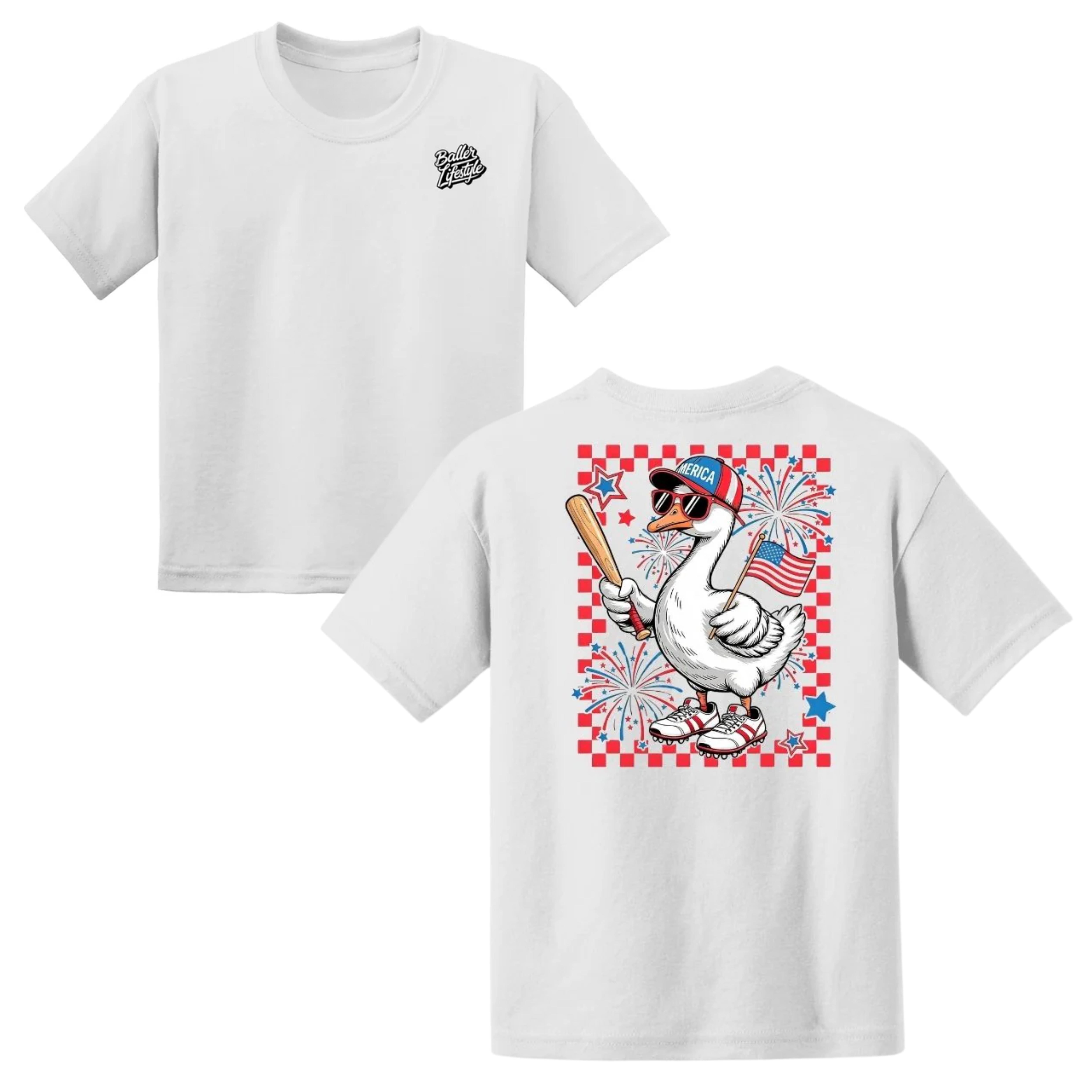 Patriotic Goose Baseball YOUTH & ADULT T-Shirt, Funny USA Duck Baseball Graphic Tee, American Flag 4th of July Sports Fan Shirt, Baseball Lover Outfit Gift, Patriotic Tee, Youth Clothing, Holiday Outfit, Birthday Gift, summer tee