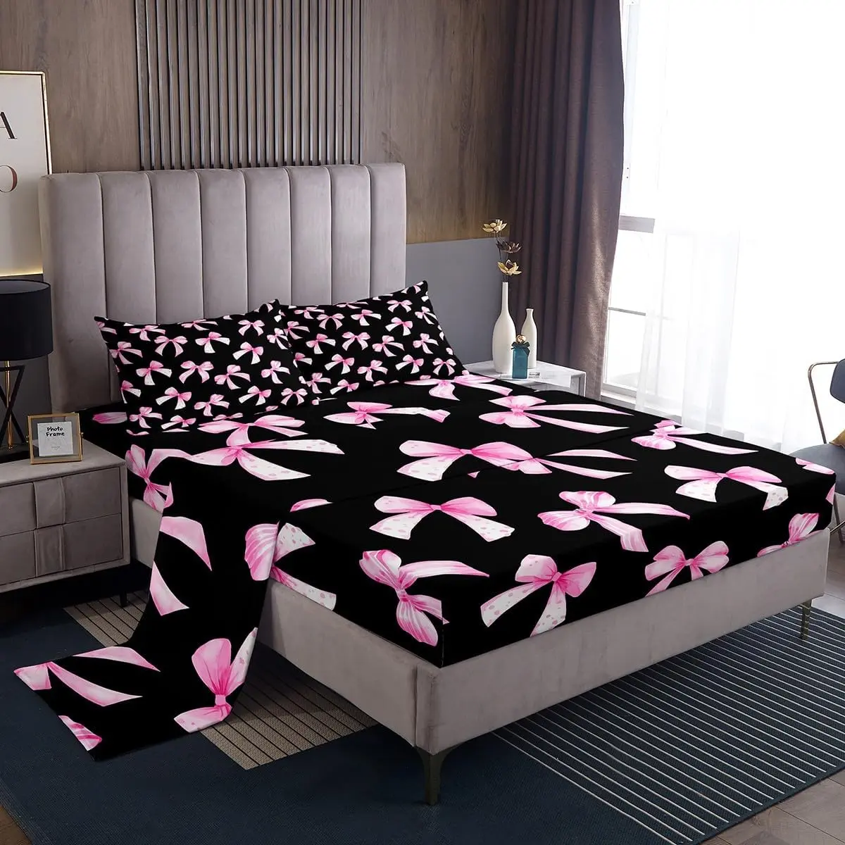 Feelyou Princess-Style Microfiber Bedsheet Sets - Pink and Black Cute Bow Pattern, Breathable, Durable, Ultra-Soft Deep-Pocket Fitted Sheet Bedding Supplies