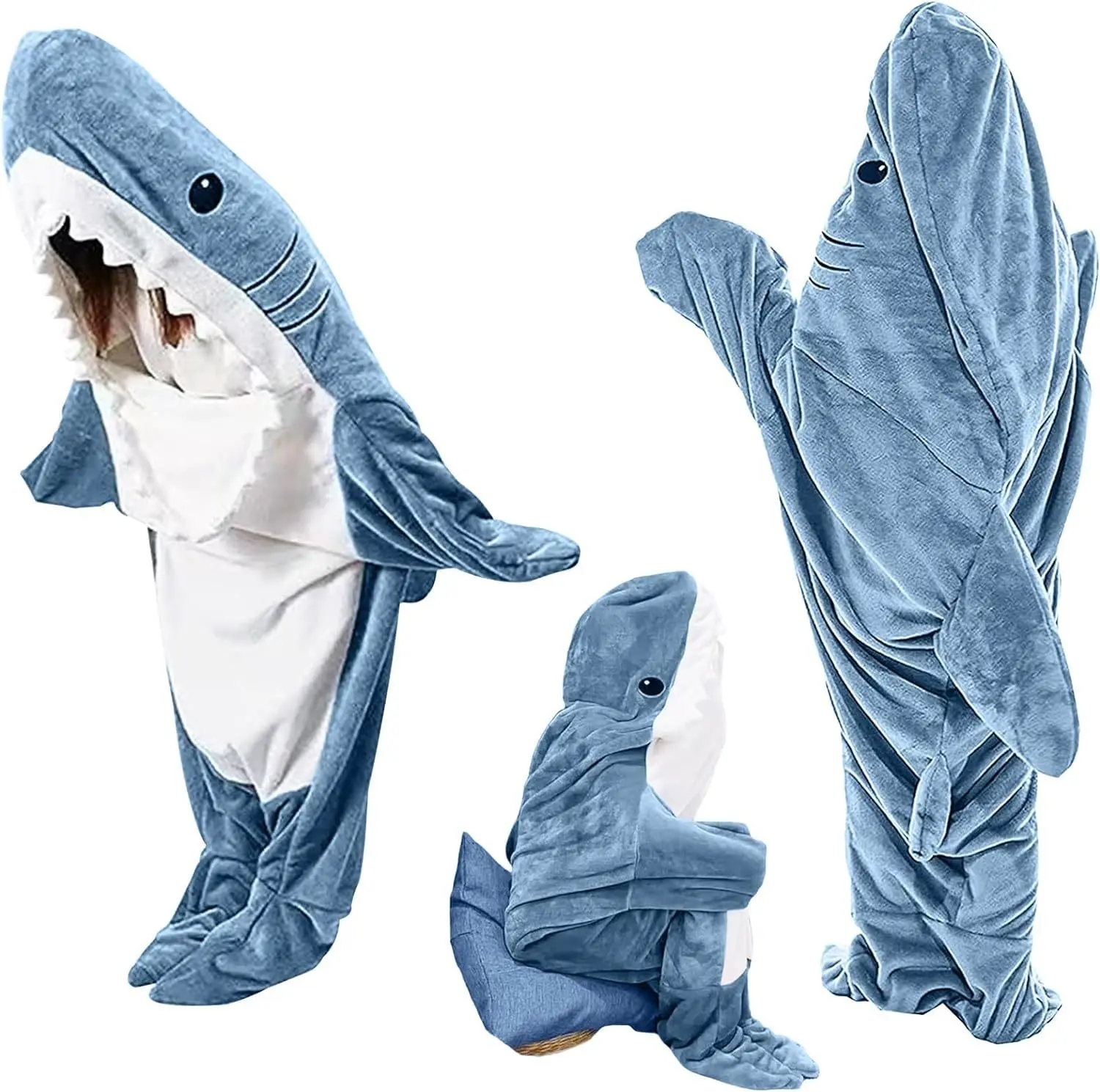 Shark Wearable Blanket,  Flannel Sherpa Lined Adult Sleeping Bag Onesie, Cozy Hooded Loungewear for Home Camping Cosplay Party