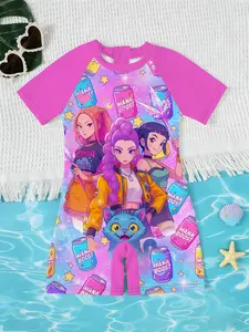 Girls' Kpop Series Jumpsuit Swimwear, Summer Short Sleeve Quick-Dry Cartoon Print, Beach Vacation Spa Swimming Suit