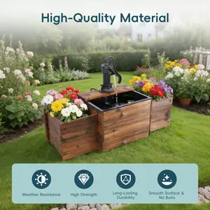 Plug-in Electric Water Pump Fountain with Carbonized Wood Planter Boxes, Rustic Vintage Outdoor Water Feature, Decorative Hand Pump Waterscape for Garden Yard, Stable Powered Outdoor Fountain with Multi-Use Planter Boxes for Flowers & Herbs