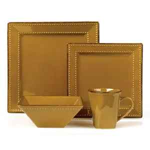 212 MAIN Sturdy 16-Piece Square Double Beads Stoneware Tableware Set - 20oz Mocca Modern Frame Tableware Kit with Plates, Bowls, Mugs