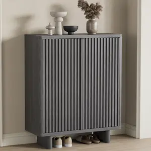 5 Tier Shoe Storage Cabinet with Fluted Door, Narrow Freestanding Shoe Organizer for Entryway Hallway Foyer and Bedroom, Wooden Shoe Cabinet with 4 Adjustable Shelves, Pop Up Door Access, Holds up to 20 Pairs, Gray