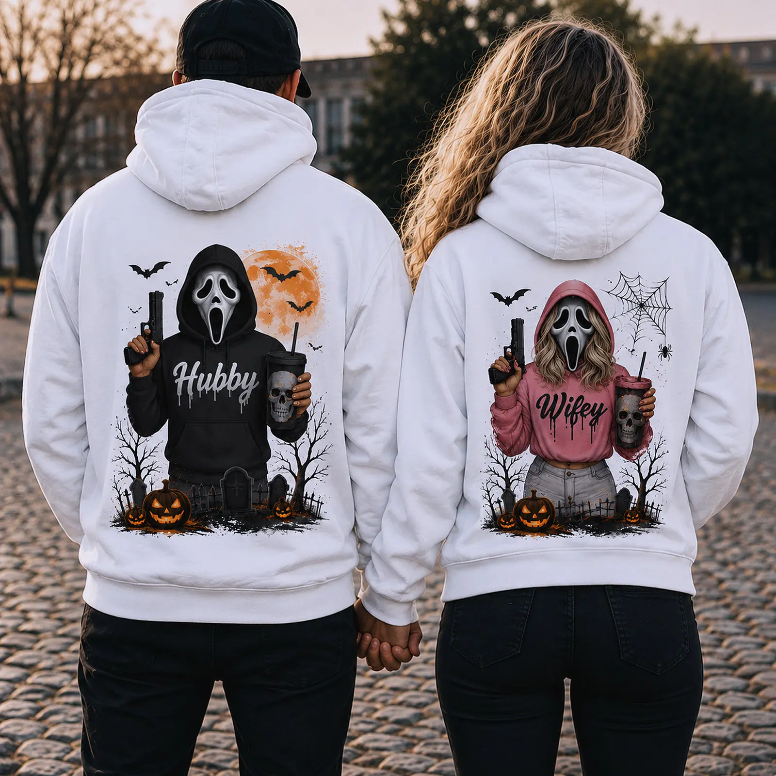 Hubby Wifey Halloween Spooky Season Couple Matching Hoodies Casual Street Style Fleece Fabric Pullover Hooded Sweatshirt Tops Trendy for Women for Men