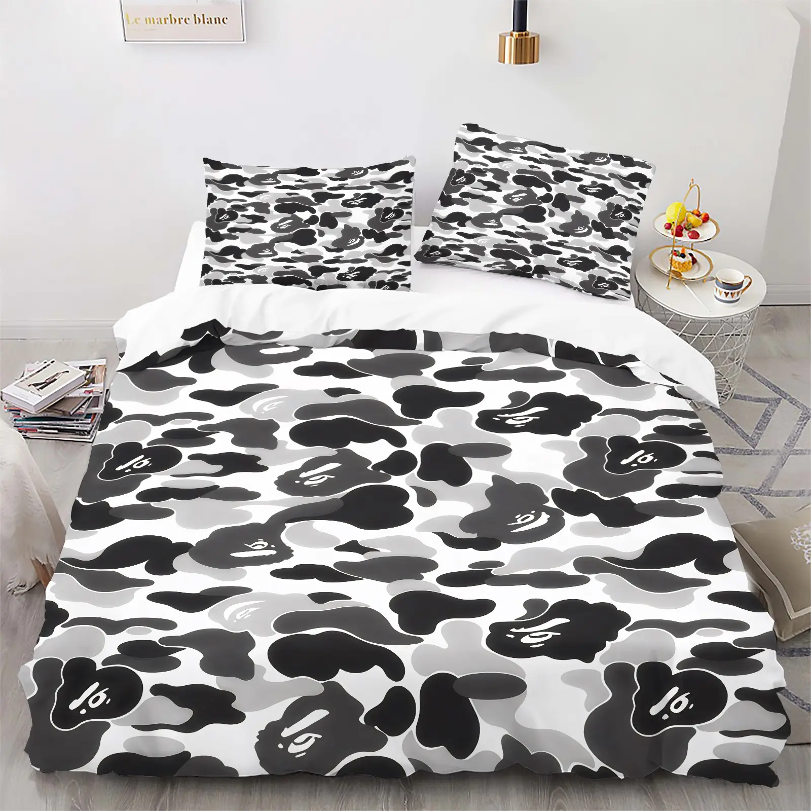 Stylish Black White Camouflage Duvet Cover Set, Ultra-Soft Microfiber Bedding, Bold Monochrome Camo Pattern, Complete Set with 1 Quilt Cover & 1 or 2 Pillowcases, All Season Bedroom Decor for Teens Adults, Comfy Bedding Set