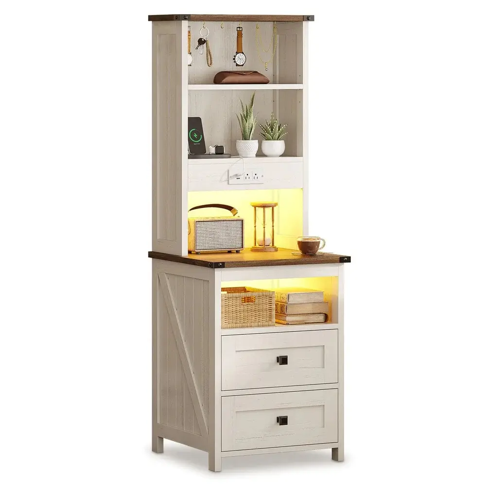 [SummerSale] Sikaic Tall Nightstand with Charging Station, Farmhouse Bedside Table with LED Lights, 2 Drawers, 6 Hooks & Storage Shelves, Tall End Table with Bookshelf for Bedroom, Home Furniture, Dorm Essentials